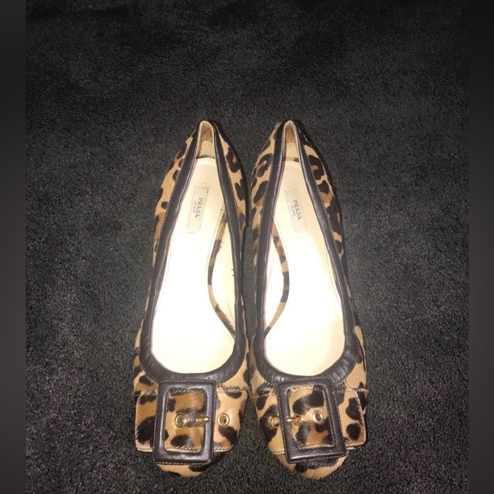 Prada Calf Hair Leopard Print Buckle Ballet Flats